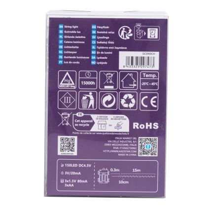 Aigostar - Ghirlandă LED pentru exterior 150xLED/8 funcții 3xAA 15,3m IP44 multicolor