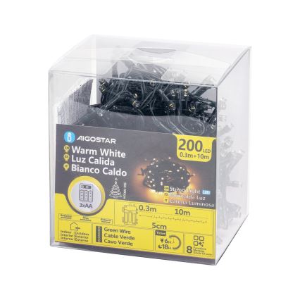Aigostar - Ghirlandă LED pentru exterior, 200 LED, 8 funcții, 3x AA, 10,3 m, IP44, alb cald
