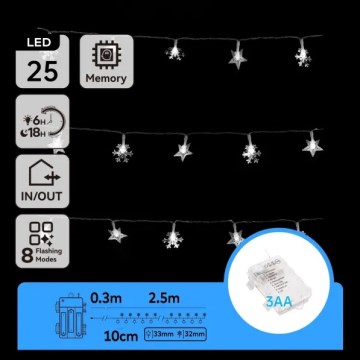 Aigostar - Ghirlandă LED pentru exterior, 25 LED, 8 funcții, 3xAA, 2,5 m, IP44, alb rece