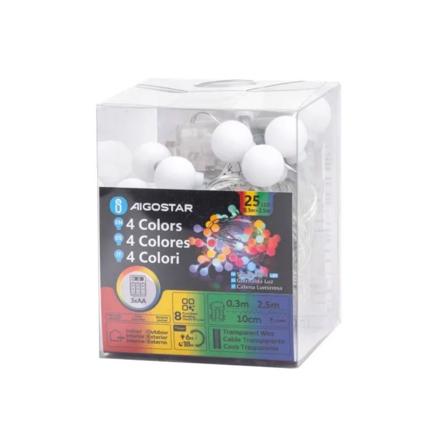 Aigostar - Ghirlandă LED pentru exterior, 25xLED/3xAA/8 funcții, 2,8 m, IP44, multicolor