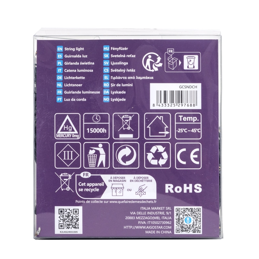 Aigostar - Ghirlandă LED pentru exterior, 300 LED, 8 funcții, 3xAA, 15,3 m, IP44, alb cald