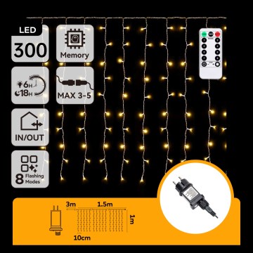 Aigostar - Ghirlandă LED pentru exterior 300xLED/8 funcții 3x1m IP44 alb cald + telecomandă