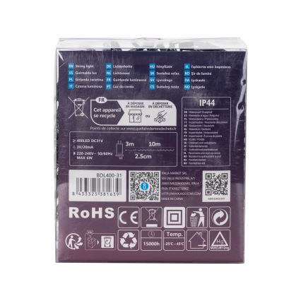 Aigostar - Ghirlandă LED pentru exterior, 400 LED-uri, 8 funcții, 13 m, IP44, alb rece