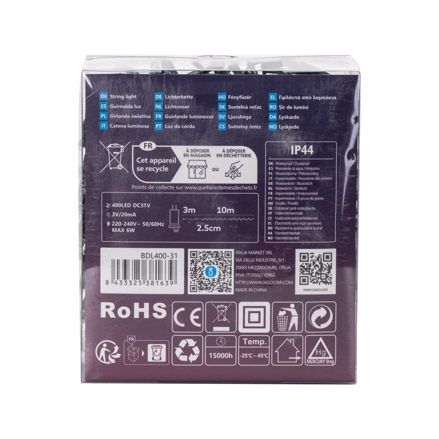 Aigostar - Ghirlandă LED pentru exterior, 400 LED-uri, 8 funcții, 13 m, IP44, alb rece