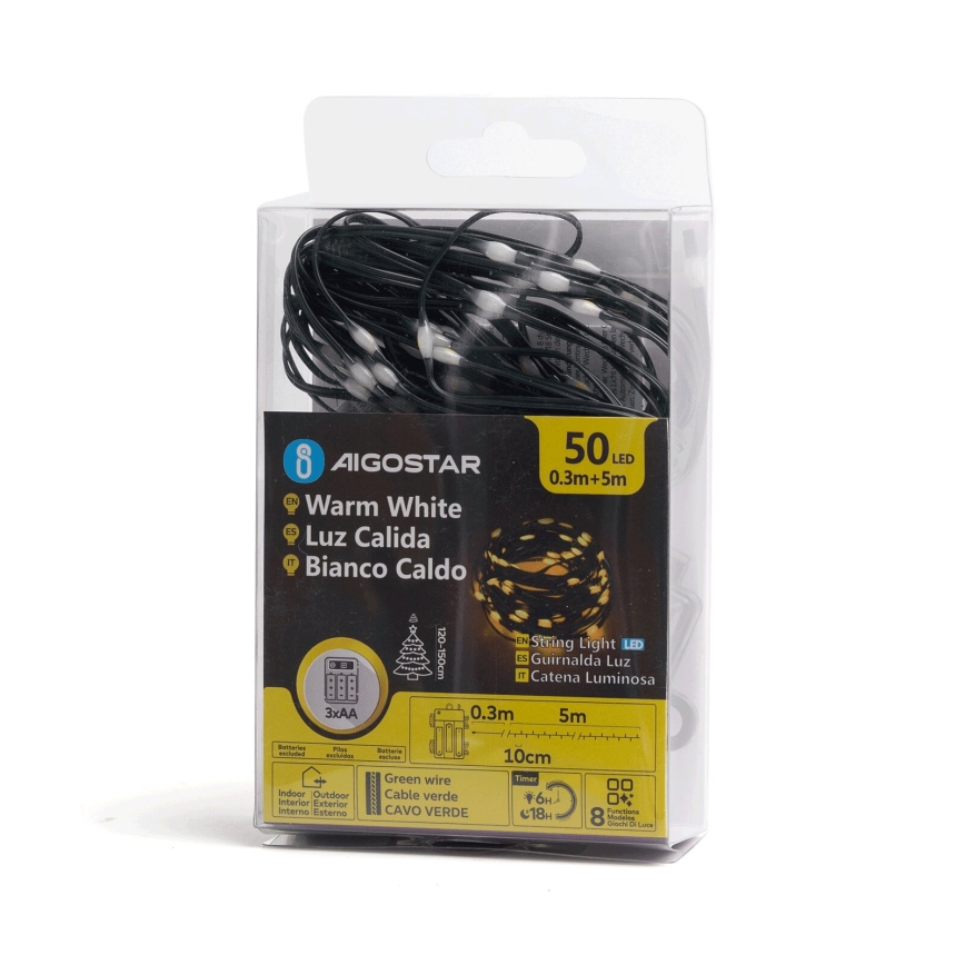 Aigostar - Ghirlandă LED pentru exterior, 50 LED / 8 funcții, 3 x AA, 5,3 m, IP44, alb cald