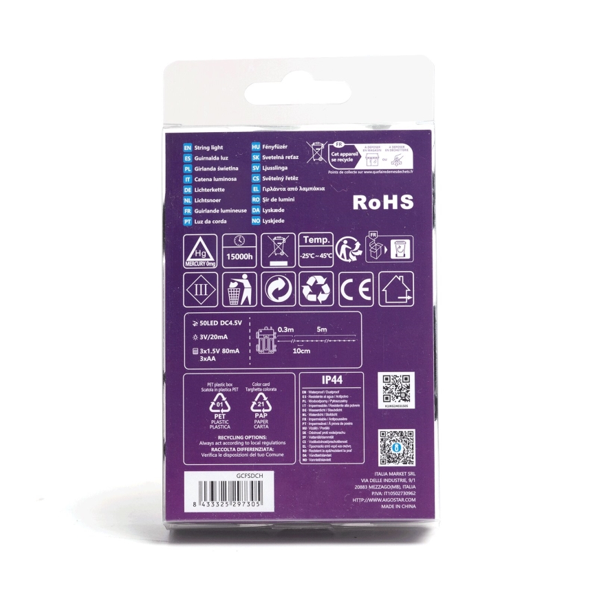 Aigostar - Ghirlandă LED pentru exterior, 50 LED / 8 funcții, 3 x AA, 5,3 m, IP44, alb cald