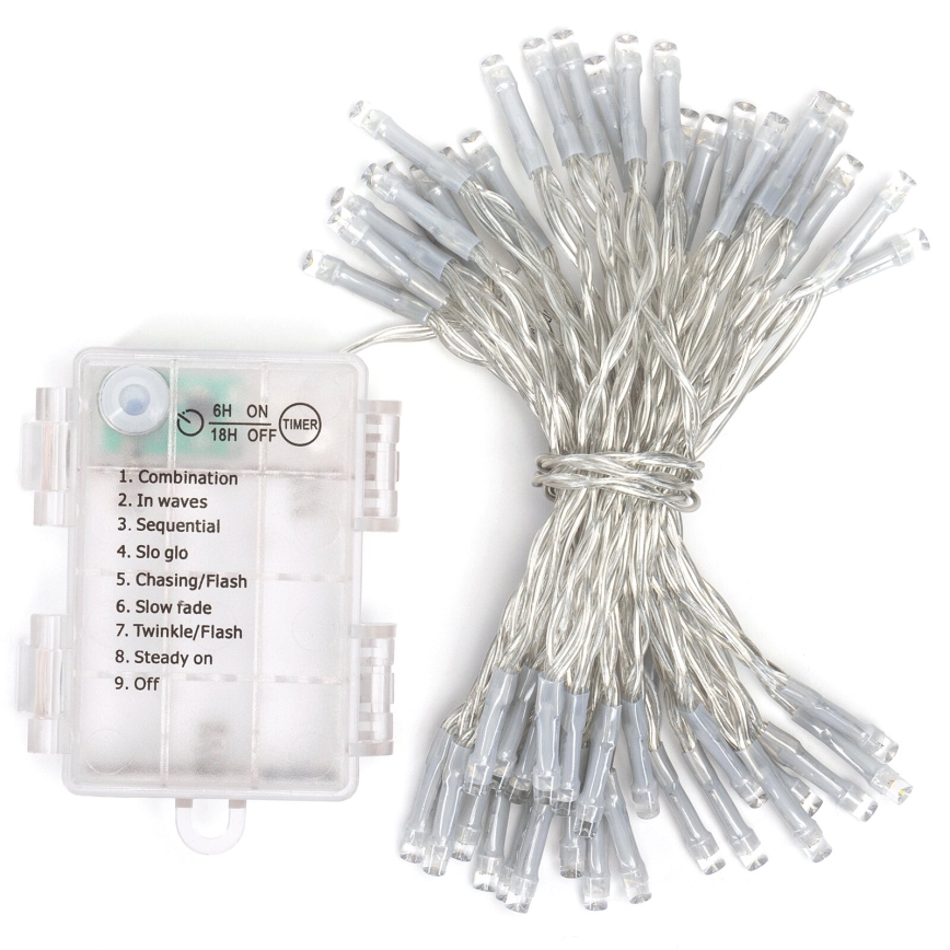 Aigostar - Ghirlandă LED pentru exterior, 50 LED/8 funcții, 3xAA, 5,3 m, IP44, alb cald