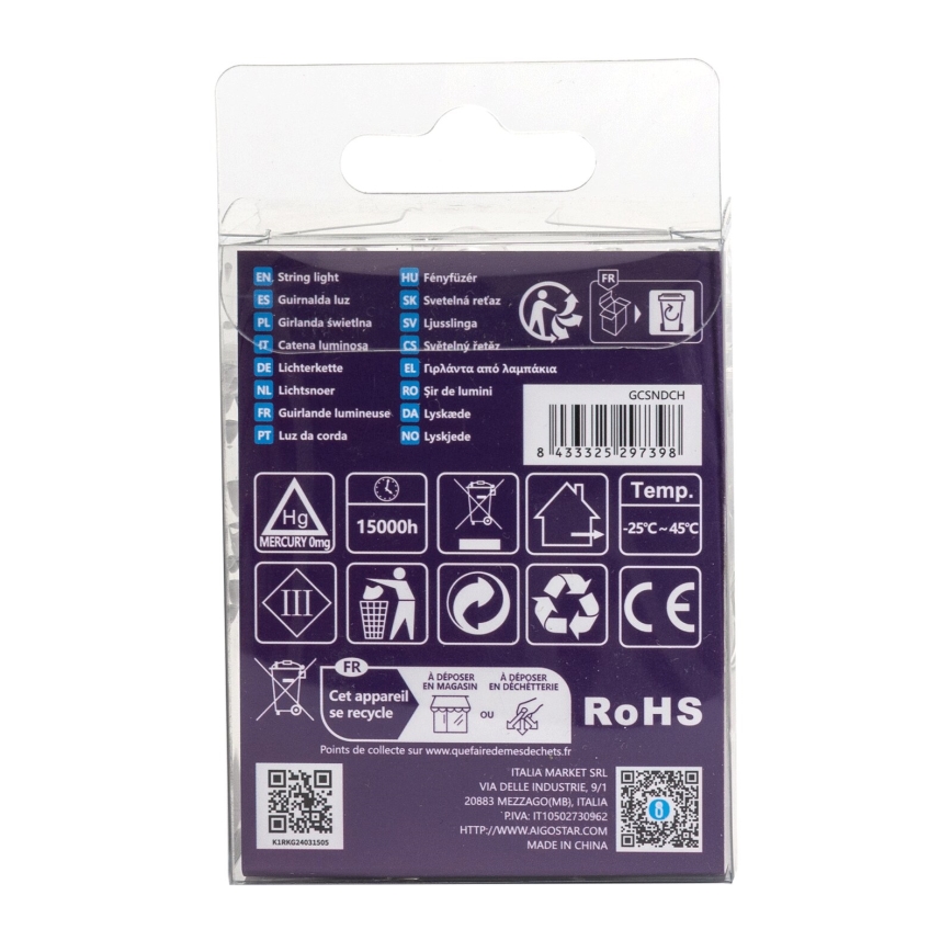 Aigostar - Ghirlandă LED pentru exterior, 50 LED/8 funcții, 3xAA, 5,3 m, IP44, alb cald
