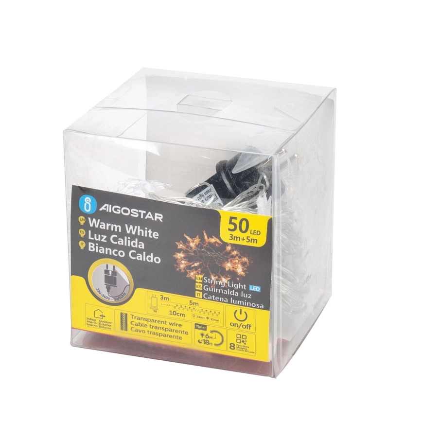 Aigostar - Ghirlandă LED pentru exterior, 50 LED, 8 funcții, 8 m, IP44, alb cald