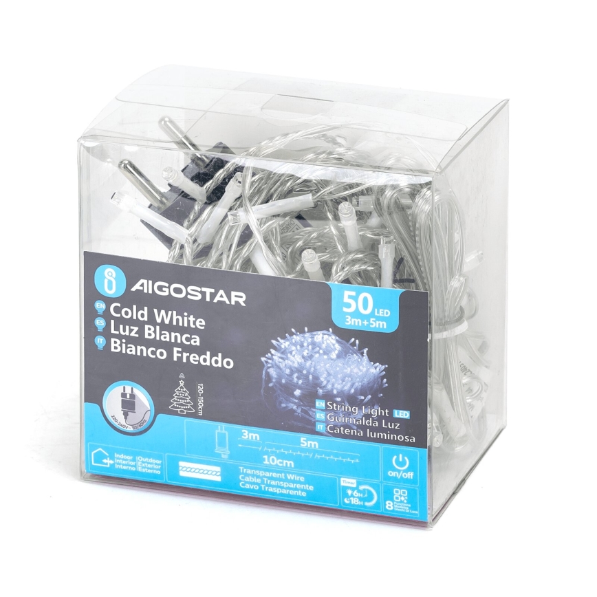 Aigostar - Ghirlandă LED pentru exterior, 50 LED / 8 funcții, 8 m, IP44, alb rece