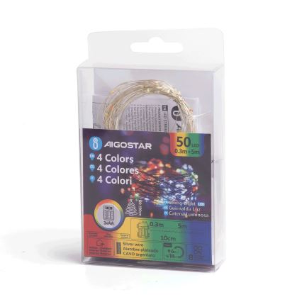 Aigostar - Ghirlandă LED pentru exterior, 50 LED, 8 funcții, alimentare 3 x AA, 5,3 m, IP44, multicoloră