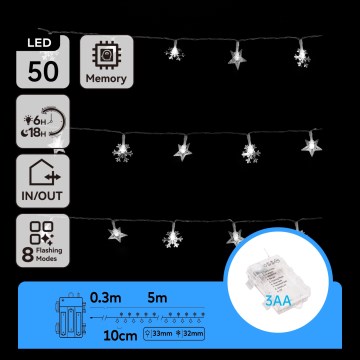 Aigostar - Ghirlandă LED pentru exterior, 50 LED, 8 funcții, alimentare 3xAA, 5 m, IP44, alb rece