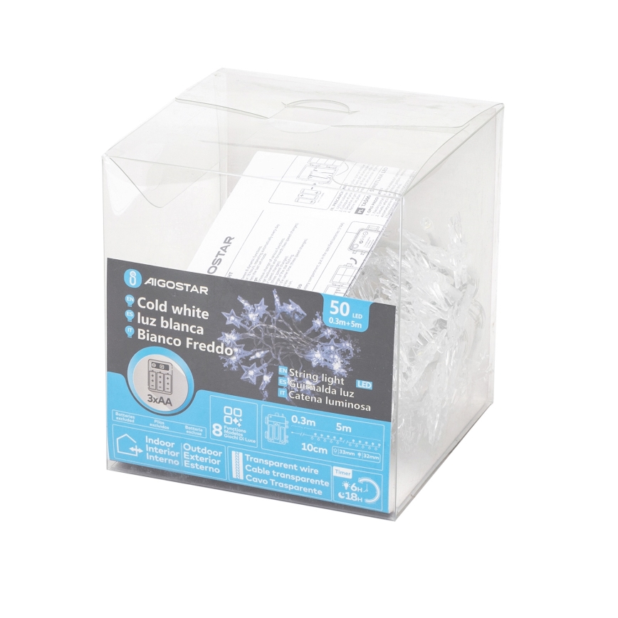 Aigostar - Ghirlandă LED pentru exterior, 50 LED, 8 funcții, alimentare 3xAA, 5 m, IP44, alb rece