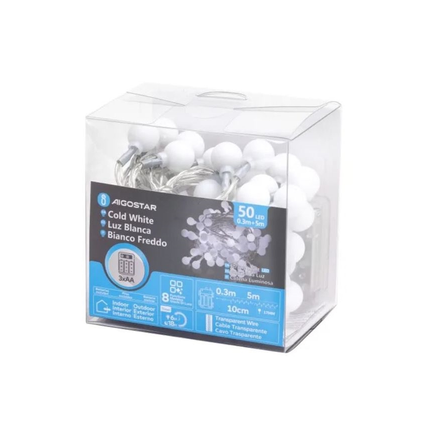 Aigostar - Ghirlandă LED de exterior, 50 LED/3x AA/8 funcții, 5,3 m, IP44, alb rece