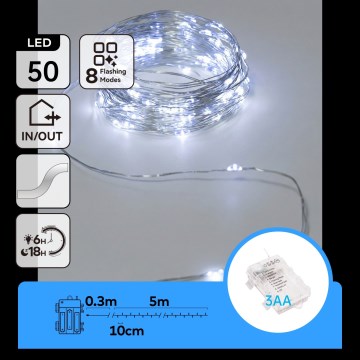 Aigostar - Ghirlandă LED pentru exterior, 50 LED-uri, 3xAA, 5,3 m, alb rece