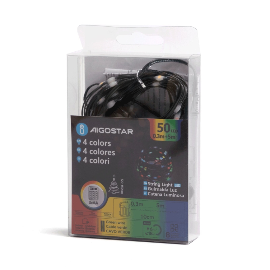 Aigostar - Ghirlandă LED pentru exterior, 50 LED-uri, 8 funcții, alimentare 3 x AA, 5,3 m, IP44, multicolor