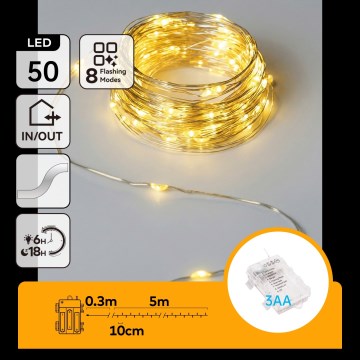 Aigostar - Ghirlandă LED pentru exterior 50x LED/3x AA 5,3 m alb cald