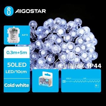 Aigostar - Ghirlandă LED pentru exterior, 50xLED/3xAA/8 moduri, 5,3 m, IP44, alb rece