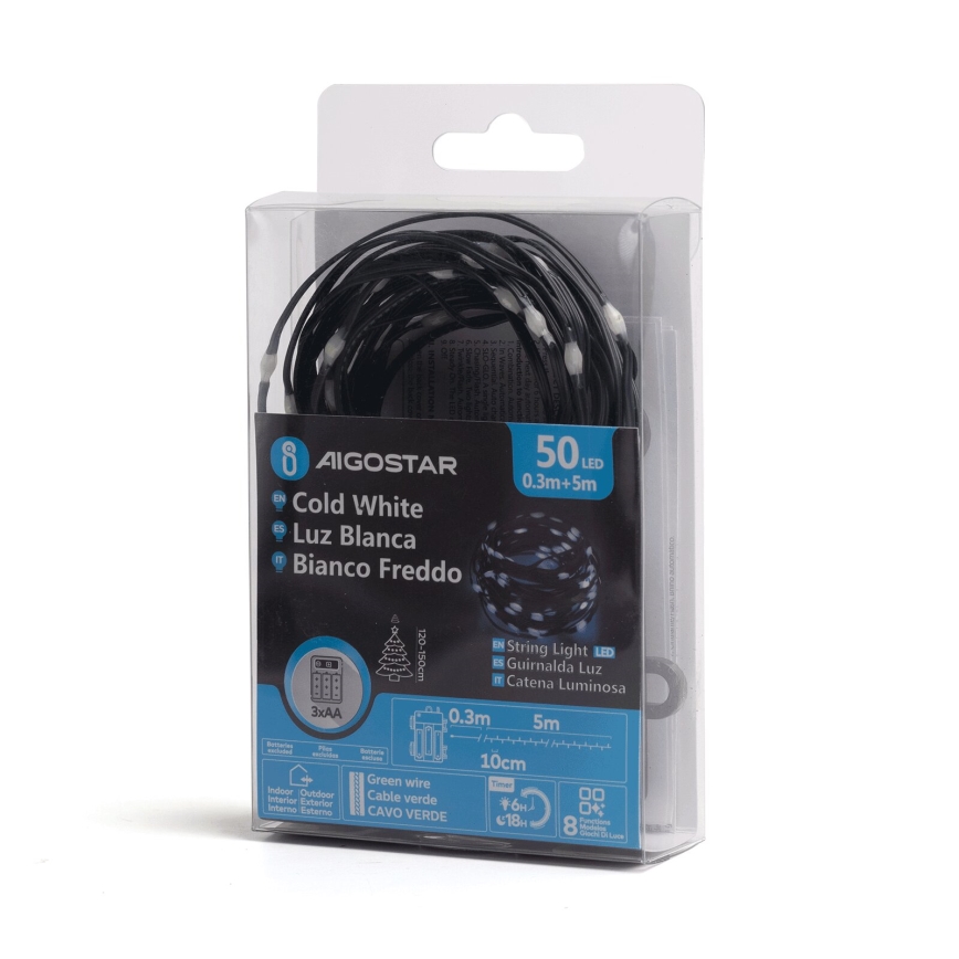 Aigostar - Ghirlandă LED pentru exterior, 50xLED/8 funcții, 3xAA, 5,3 m, IP44, alb rece