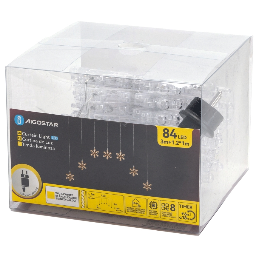 Aigostar - Ghirlandă luminoasă LED pentru exterior, 84 LED, 8 moduri, 1,2 x 1 m, IP44, alb cald, cu fulgi de zăpadă