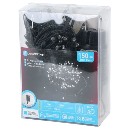 Aigostar - Ghirlandă LED pentru exterior de Crăciun, 150 LED, 8 funcții, 18 m, IP44, alb rece