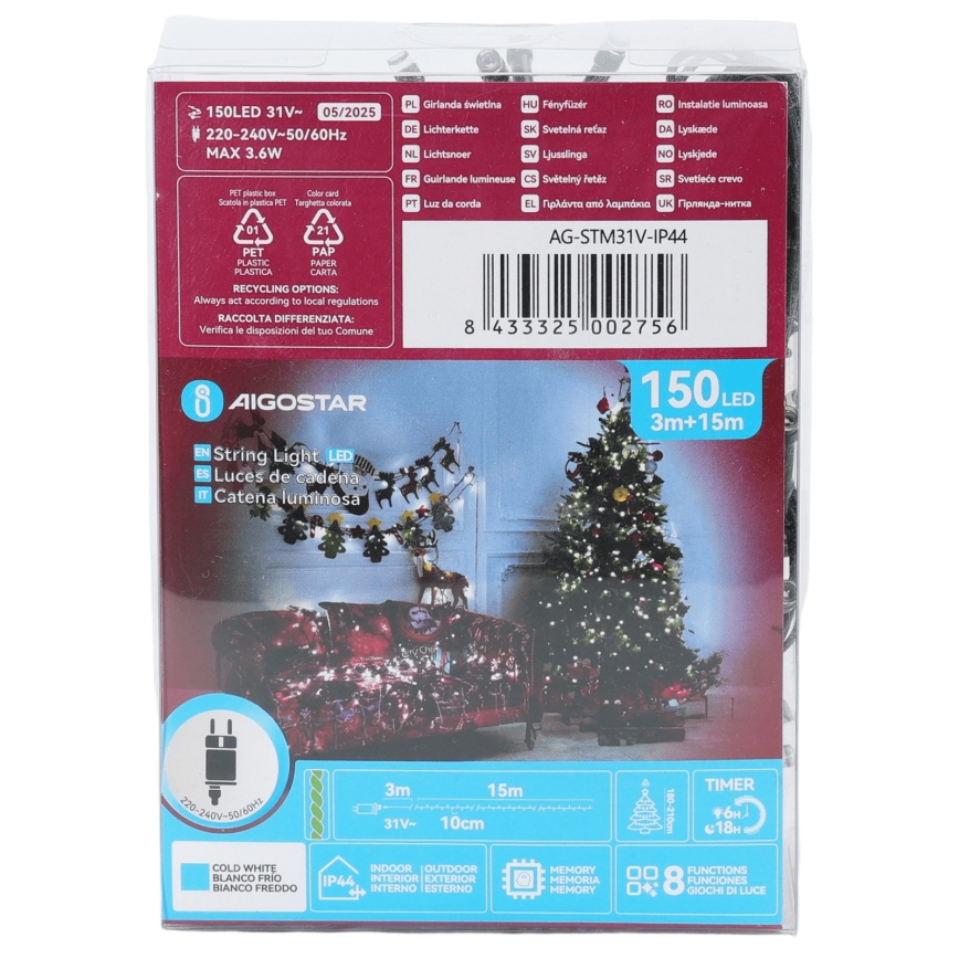 Aigostar - Ghirlandă LED pentru exterior de Crăciun, 150 LED, 8 funcții, 18 m, IP44, alb rece