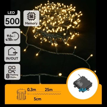 Aigostar - Ghirlandă LED pentru exterior de Crăciun, 500 LED, 8 funcții, alimentare 4xAA, 25,3 m, IP44, alb cald