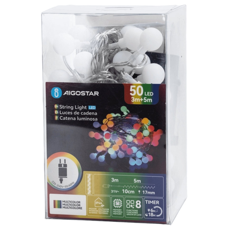 Aigostar - Ghirlandă LED decorativă pentru exterior, 50 LED, 8 funcții, 5 m, IP44, multicoloră