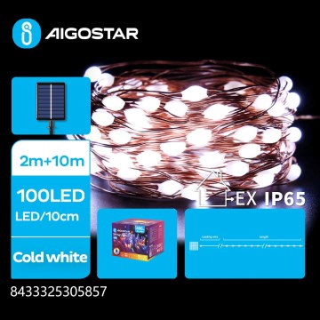 Aigostar - Ghirlandă LED solară, 100 LED, 8 funcții, 12 m, IP65, 800 mAh, alb rece