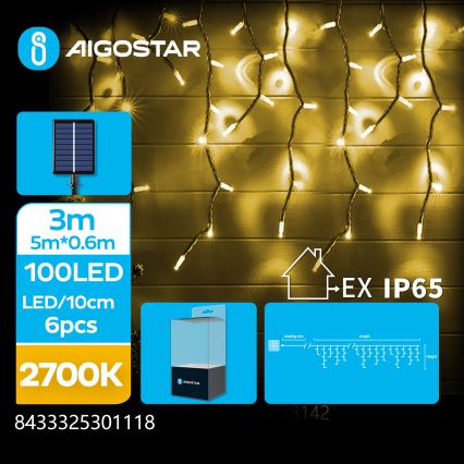 Aigostar - Ghirlandă solară LED, 100 LED, 8 funcții, 8 x 0,6 m, 800 mAh, IP65, alb cald
