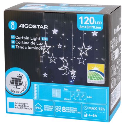 Aigostar - Ghirlandă solară LED de Crăciun, 120 LED, 8 funcții, 3 x 0,6 m, 500 mAh, IP65, alb rece