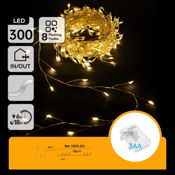 Aigostar - Ghirlandă luminoasă de exterior pentru Crăciun, 300 LED/8 funcții, 3x AA, 9,3 m, IP44, alb cald