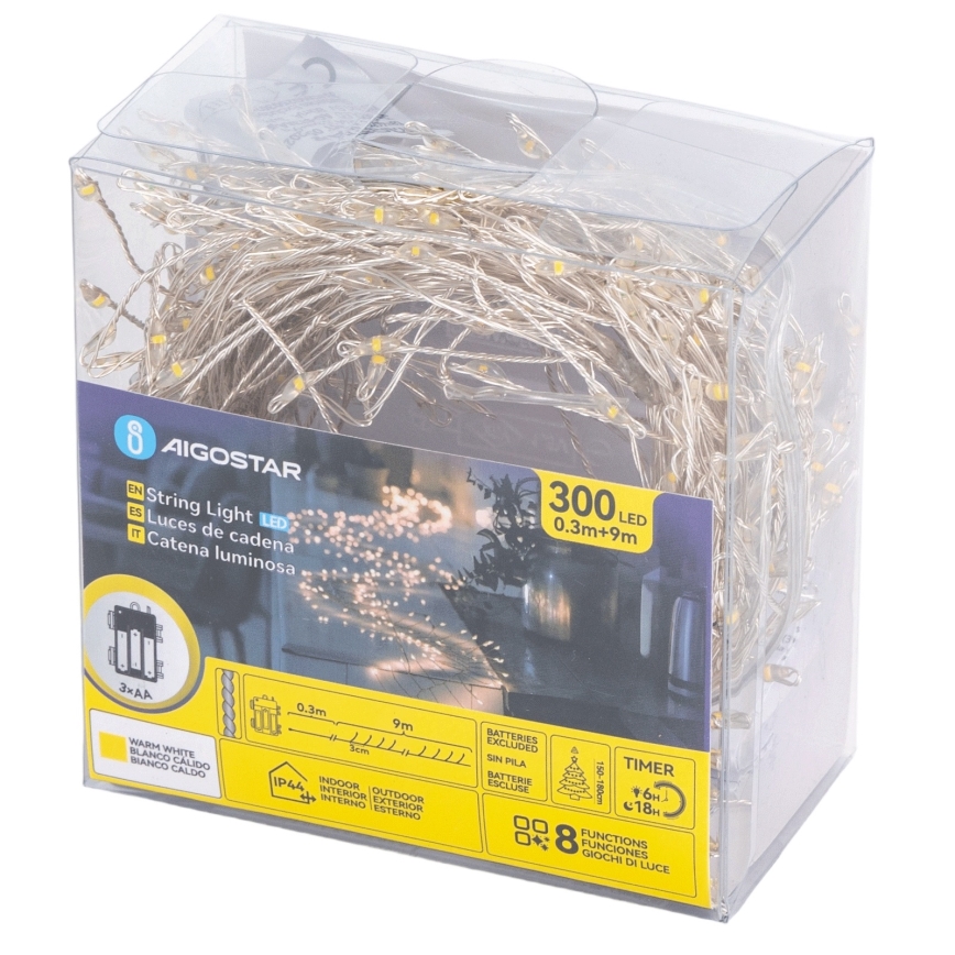 Aigostar - Ghirlandă luminoasă de exterior pentru Crăciun, 300 LED/8 funcții, 3x AA, 9,3 m, IP44, alb cald