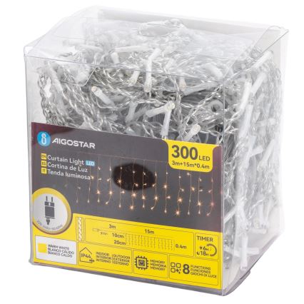 Aigostar - Instalație LED de exterior pentru Crăciun 300xLED/8 funcții 15x0,4 m IP44 alb cald