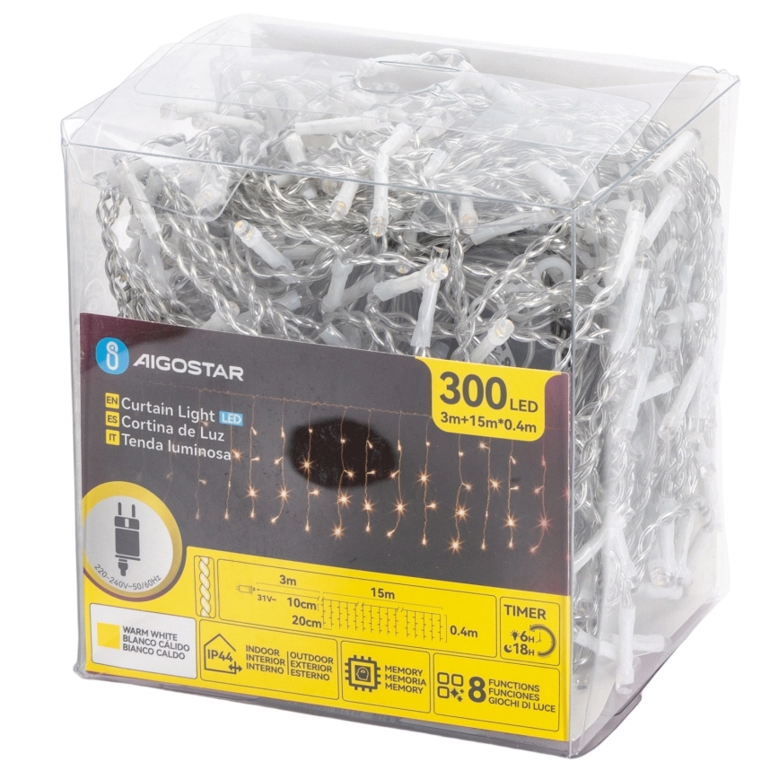 Aigostar - Instalație LED de exterior pentru Crăciun 300xLED/8 funcții 15x0,4 m IP44 alb cald