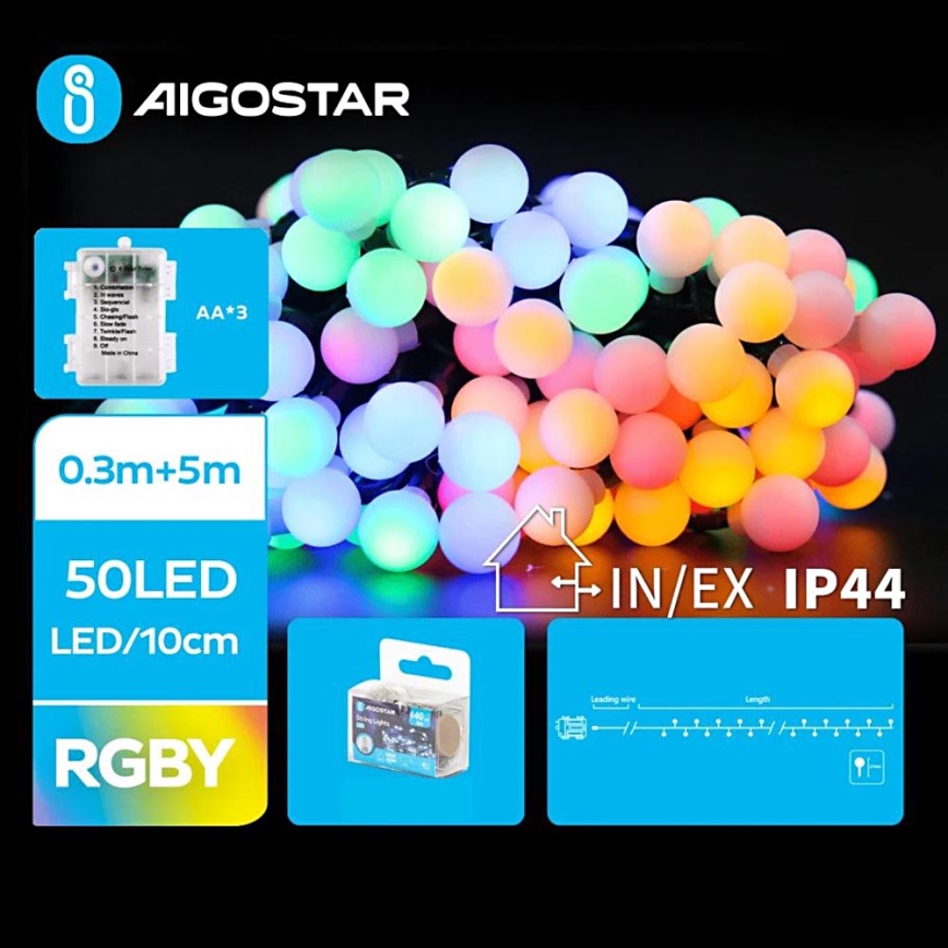 Aigostar - Ghirlandă luminoasă LED de exterior pentru Crăciun, 50 LED, 3xAA, 8 funcții, 5,3 m, IP44, multicolor