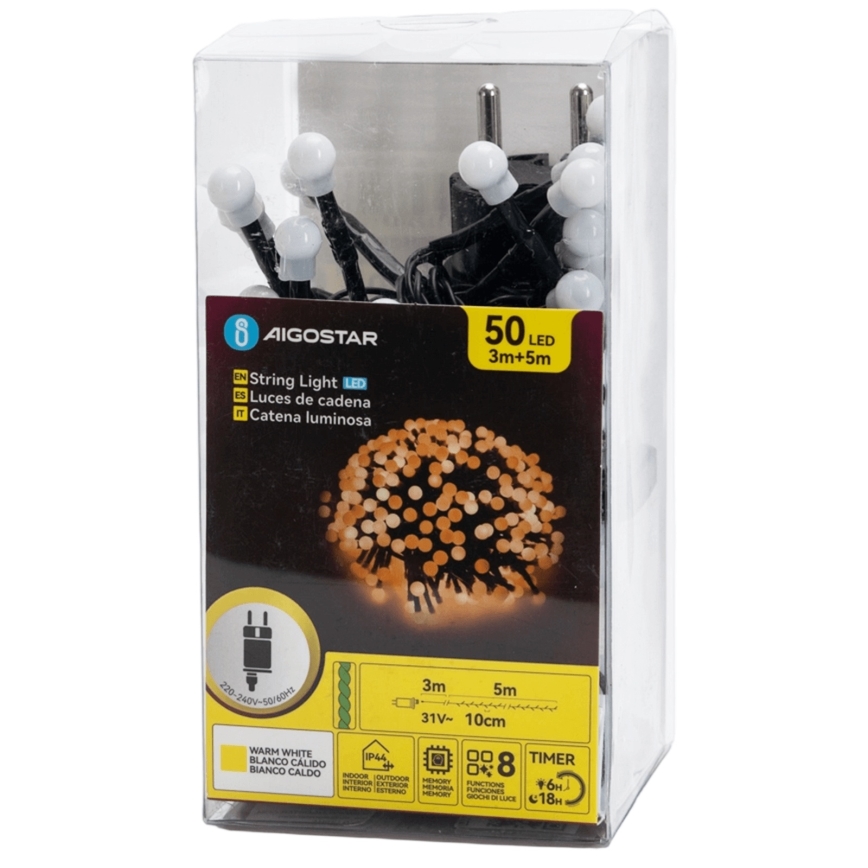 Aigostar - Ghirlandă luminoasă LED de exterior pentru Crăciun, 50 LED, 8 funcții, 8 m, IP44, alb cald