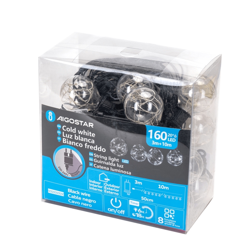 Aigostar - Ghirlandă decorativă LED pentru exterior, 160 LED, 10 m, IP44, alb rece