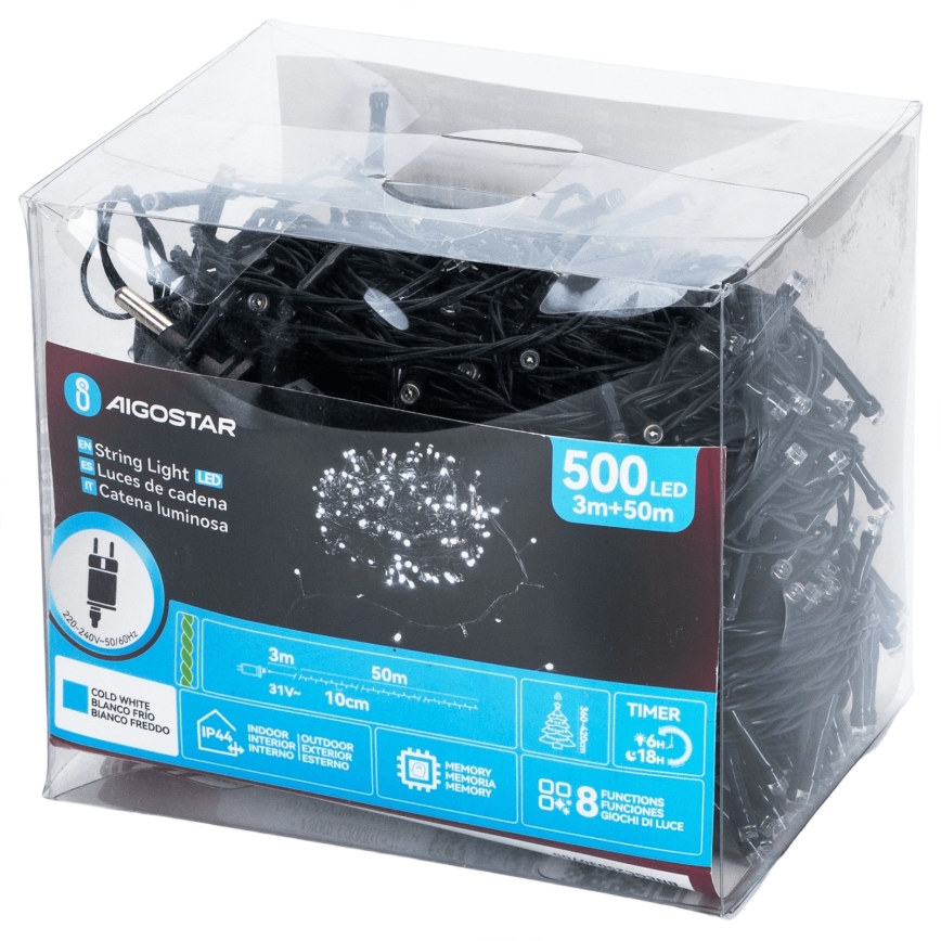 Aigostar - Ghirlandă luminoasă LED pentru exterior, 500 LED, 8 funcții, 53 m, IP44, alb rece