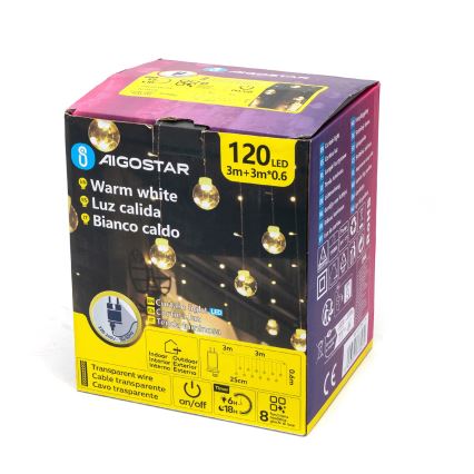 Aigostar - LED ghirlandă de Crăciun pentru exterior 120xLED/8 funcții 3x0,6m IP44 alb cald + telecomandă