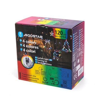 Aigostar - Ghirlandă de Crăciun LED RGBY pentru exterior, 120 LED / 8 funcții, 3 x 0,6 m, IP44, multicolor + telecomandă