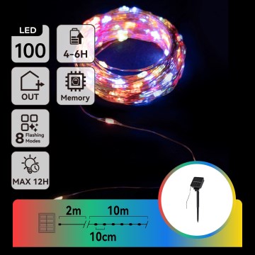 Aigostar - Ghirlandă solară cu LED, 100 LED-uri / 8 funcții, 12 m, IP65, multicolor, acumulator 800 mAh