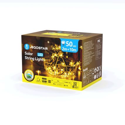 Aigostar - Ghirlandă solară LED 50xLED/8 funcții 12m 800mAh IP65 alb cald
