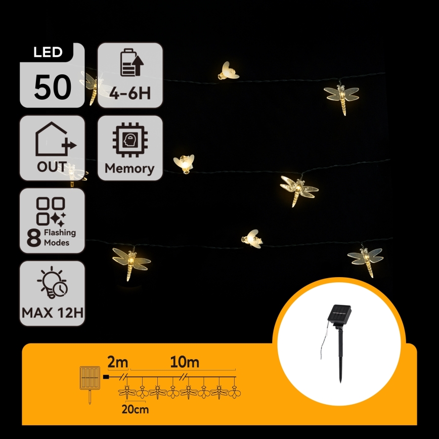 Aigostar - Ghirlandă solară decorativă LED, 50 LED-uri, 8 moduri, 10 m, acumulator 800 mAh, IP65, alb cald