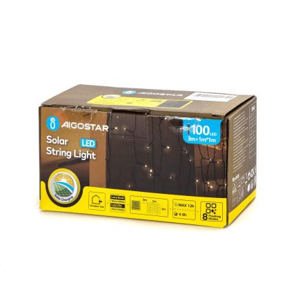 Aigostar - Ghirlandă LED solară 100xLED/8 funcții 4x1m IP65 alb cald 800 mAh