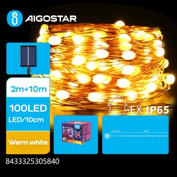 Aigostar - Ghirlandă solară LED, 100 LED, 8 moduri, 12 m, 800 mAh, IP65, alb cald