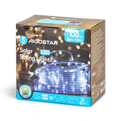 Aigostar - Ghirlandă LED solară, 100 LED, 8 moduri, 12 m, IP65, alb rece, 800 mAh