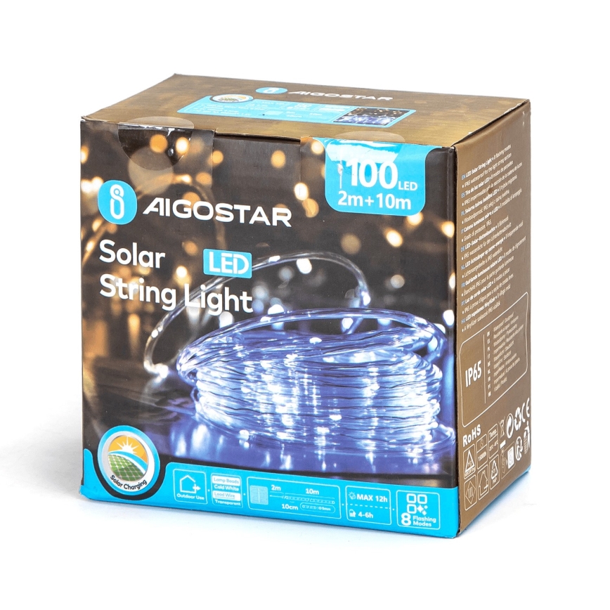 Aigostar - Ghirlandă LED solară, 100 LED, 8 moduri, 12 m, IP65, alb rece, 800 mAh