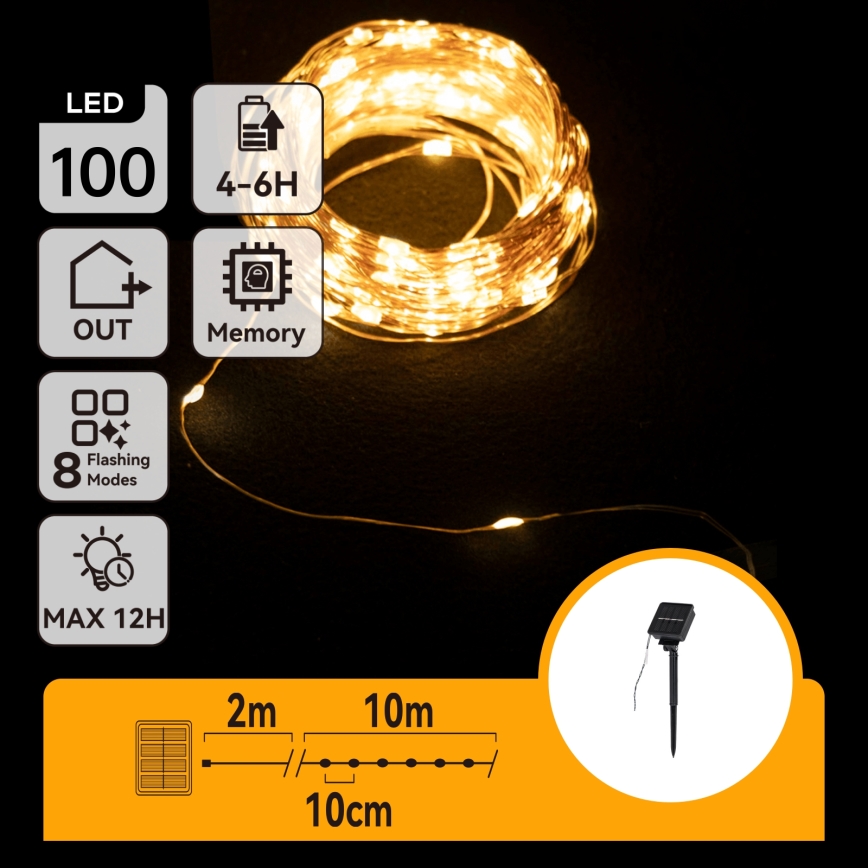 Aigostar - Ghirlandă solară LED, 100 LED, 8 moduri, 12 m, 800 mAh, IP65, alb cald