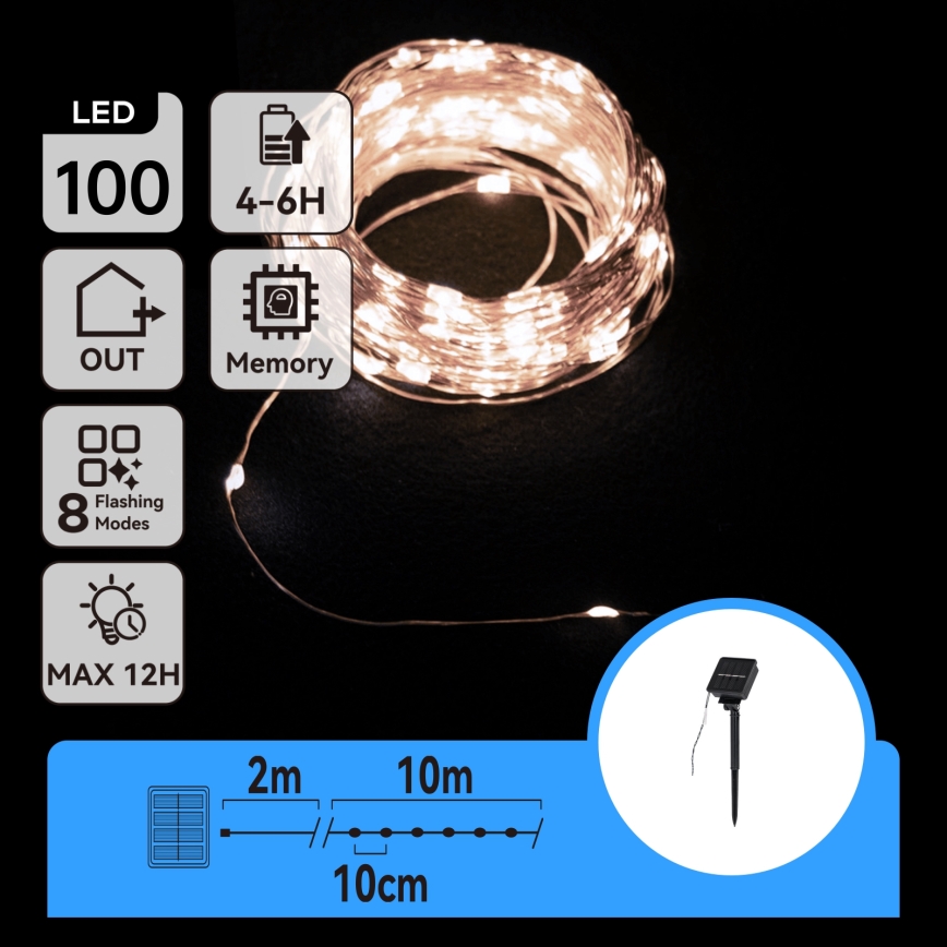 Aigostar - Ghirlandă LED solară, 100 LED, 8 funcții, 12 m, IP65, 800 mAh, alb rece